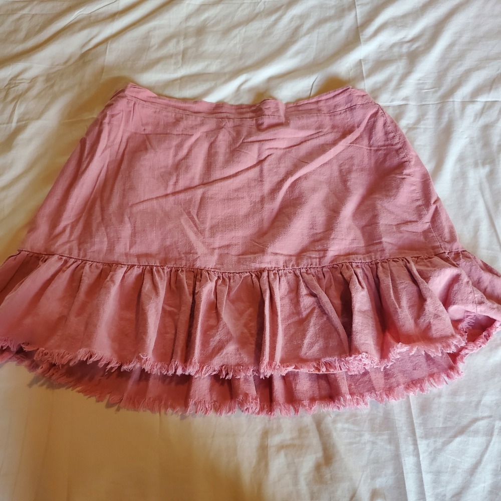 April Kiss Rose Pink Cotton Ruffle Fringe Mini Skirt L Elastic Back Boho Skirt